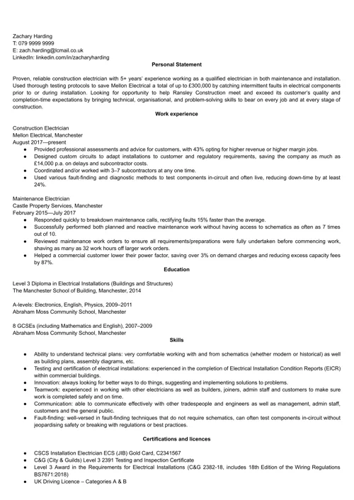 Electrician CV example 
