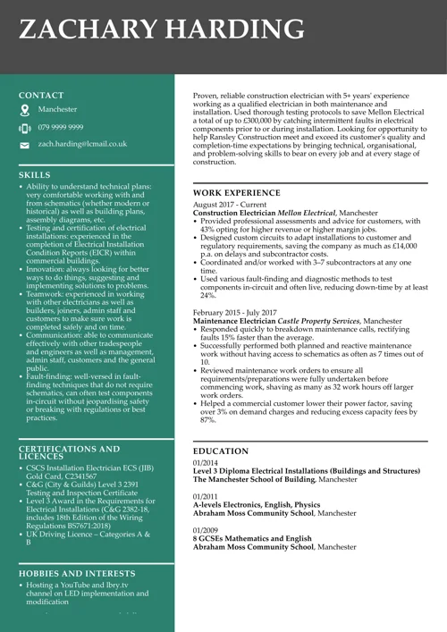 Electrician CV example 