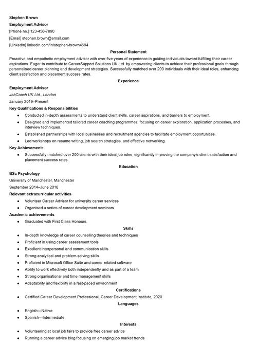 Employment advisor CV example