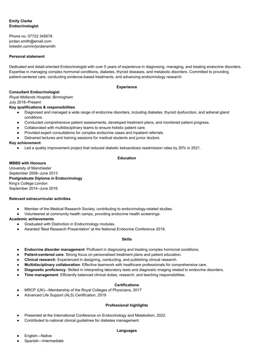 Endocrinologist CV example