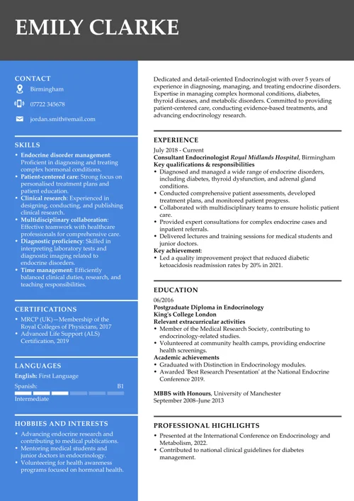 Endocrinologist CV example
