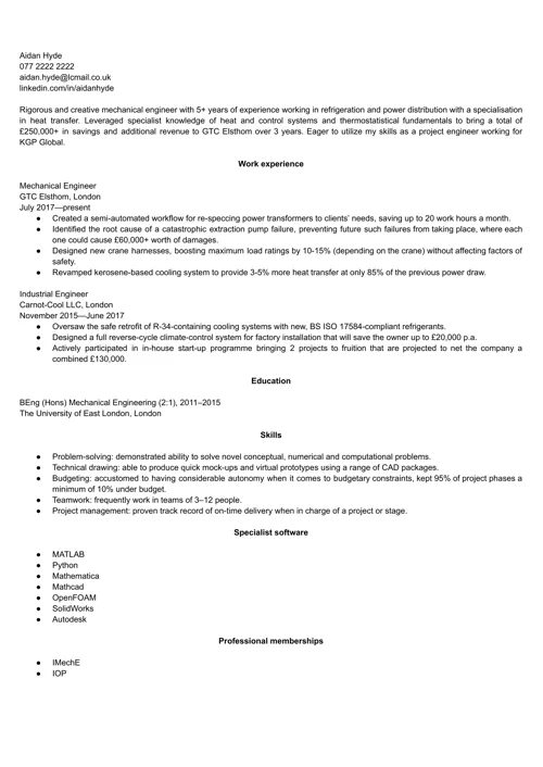 Engineering CV example
