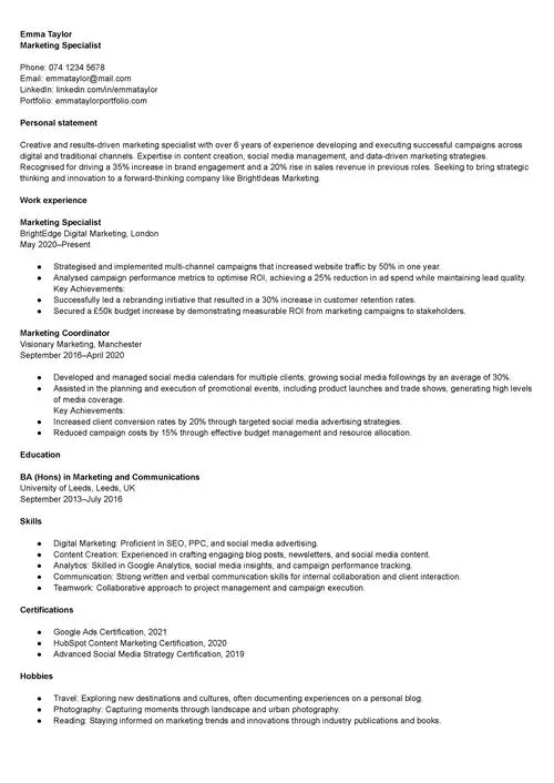 English CV example