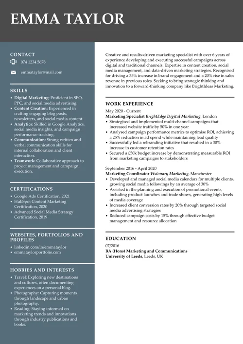 English CV example