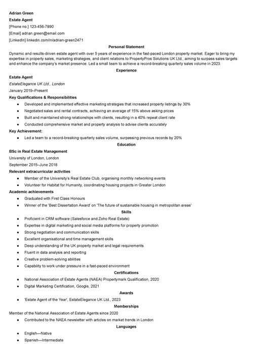 Estate agent CV example