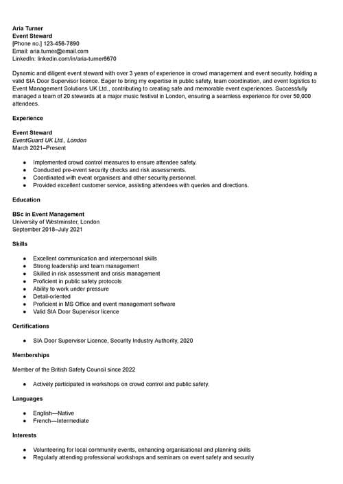 event steward CV example