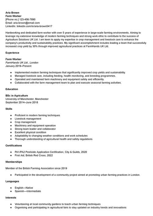 farm worker CV example