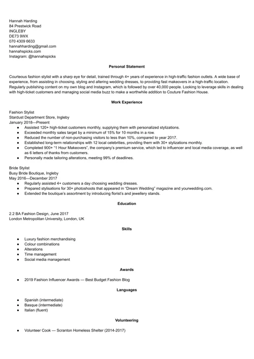Fashion CV example