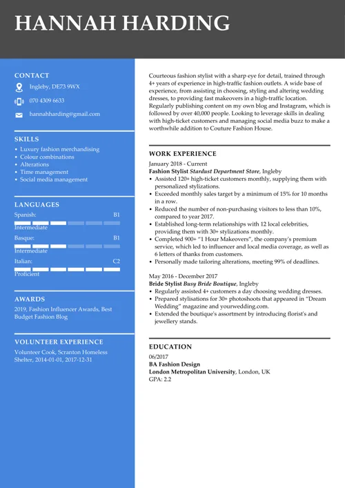 Fashion CV example