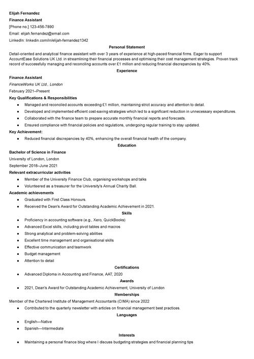 finance assistant CV example