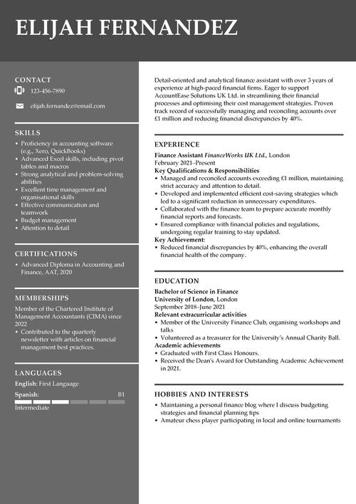 finance assistant CV example