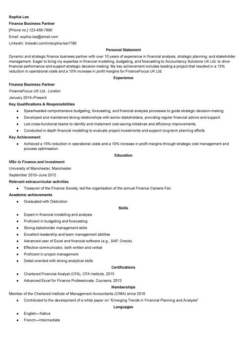 finance business partner CV example