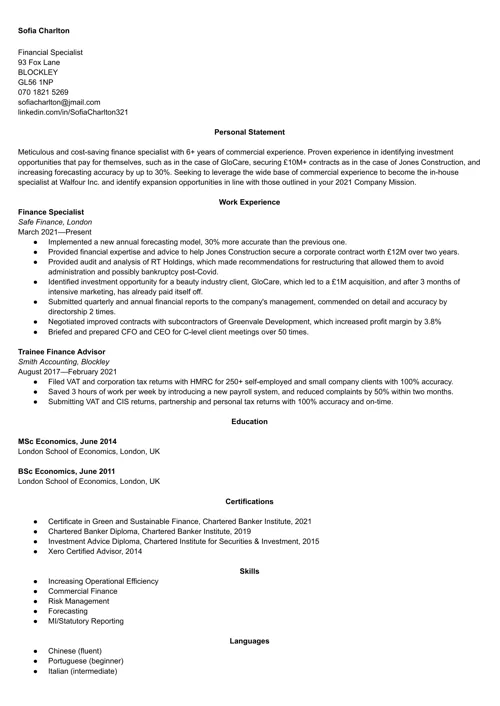 finance cv example