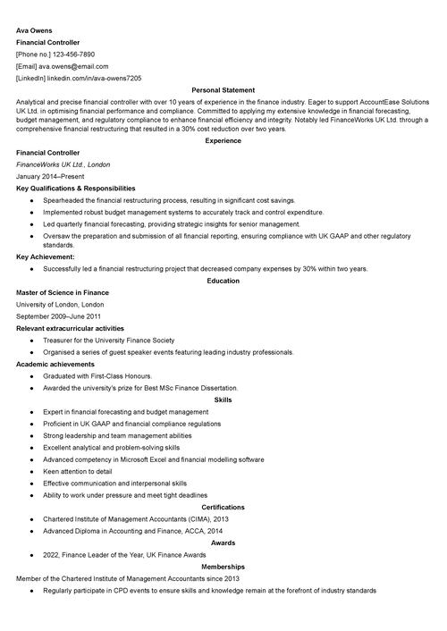 financial controller CV example