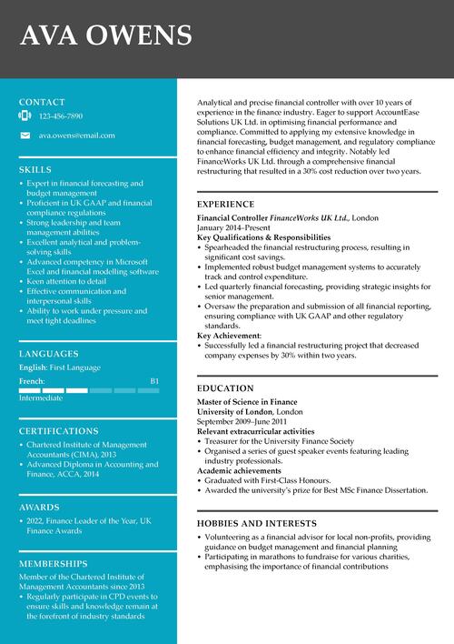 financial controller CV example