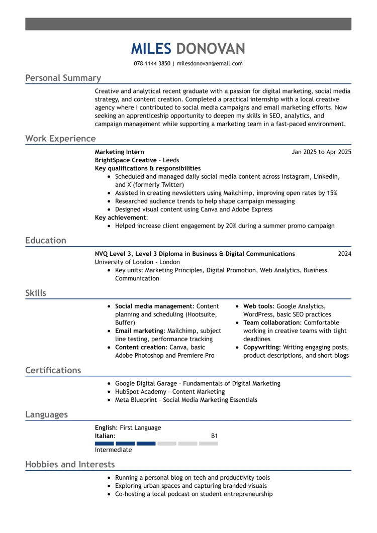 Apprenticeship CV example
