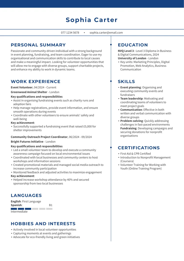 Volunteering CV example