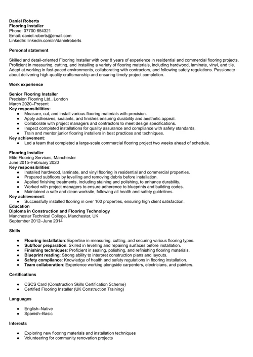Flooring installer CV example