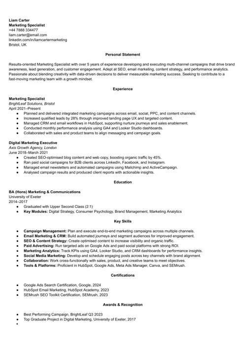 CV sample by LiveCareer UK