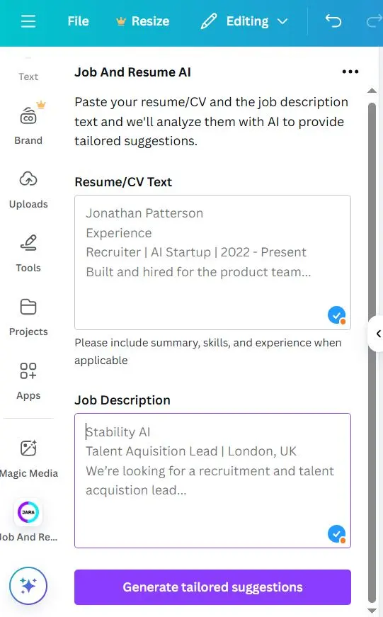 Checking if you can create a free CV using Canva