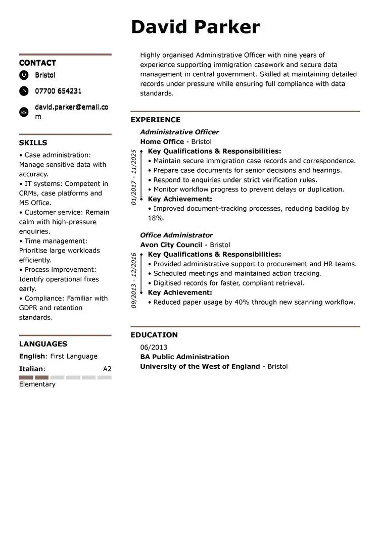 Home office administrative officer CV template