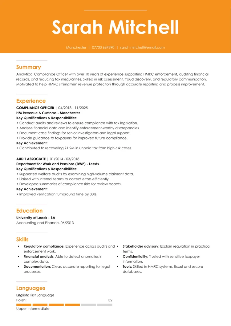 Department for education policy officer CV example