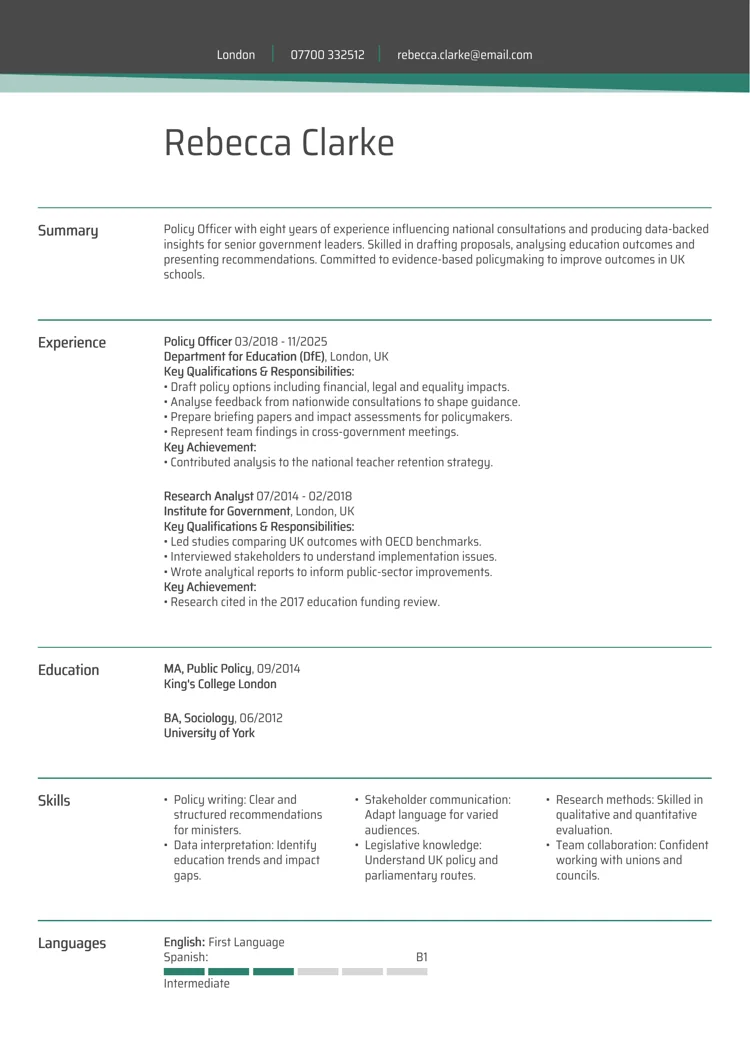Department for education policy officer CV example