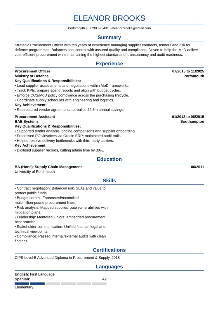 Ministry of defence procurement officer CV template
