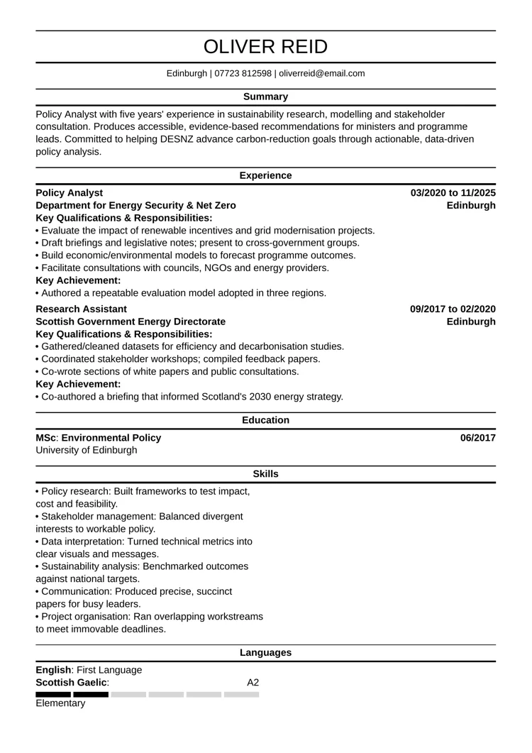 Department for energy security and net-zero policy analyst CV