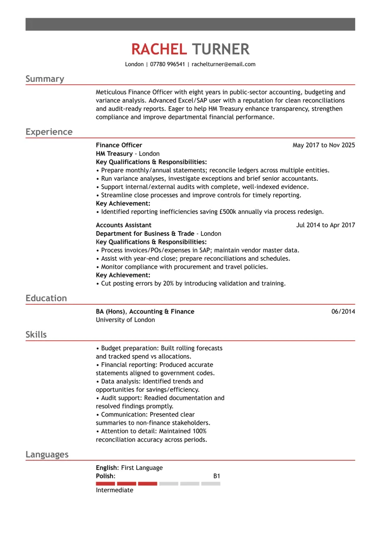 HM treasury finance officer CV template