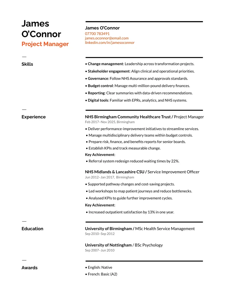 NHS project manager CV template