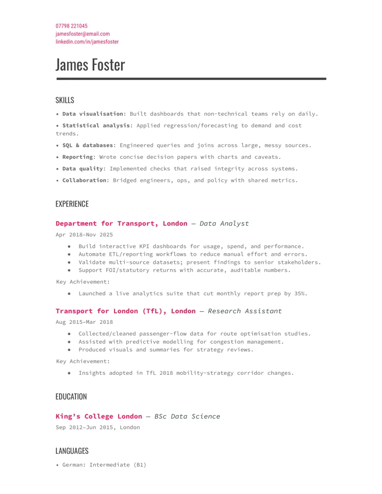 Department for transport data analyst CV example