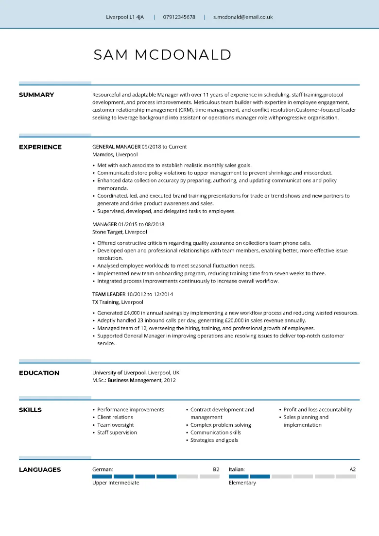 LiveCareer free CV template