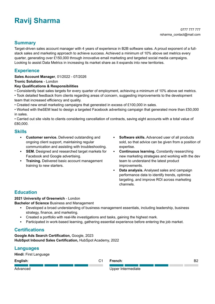 Standard CV template free example