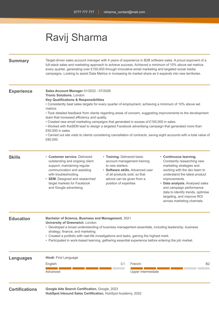 Managerial CV template free example