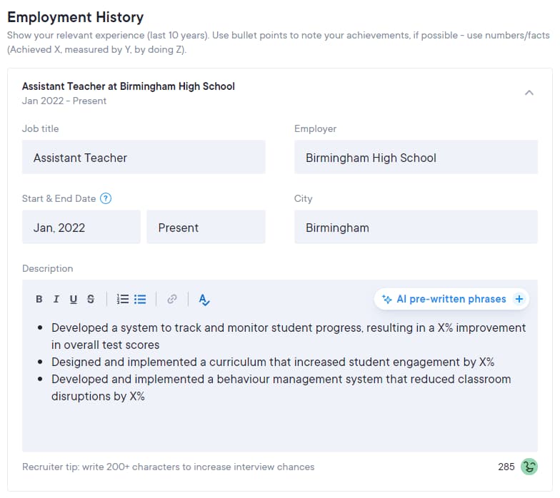 employment history in Resume.io