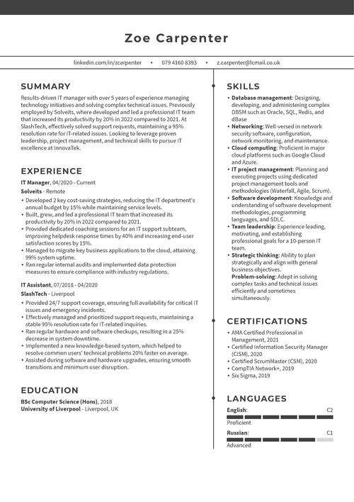 IT manager CV sample