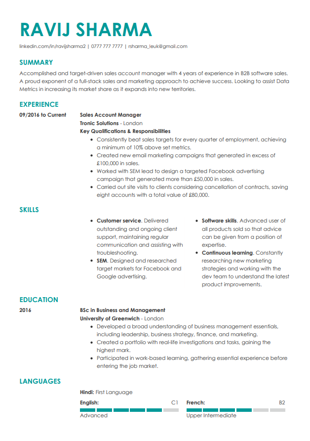 Contemporary CV template from LiveCareer