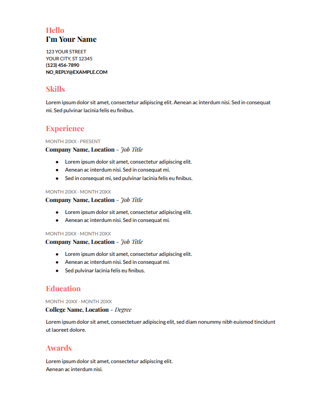 free Google Docs CV template