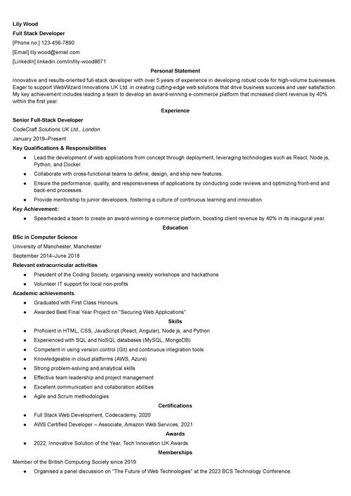 full-stack developer CV example