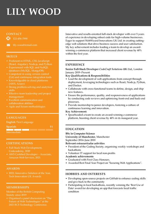 full-stack developer CV example