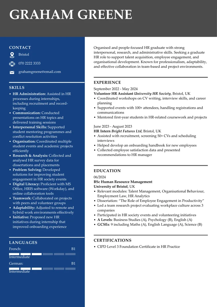 graduate CV example created with LiveCareer UK CV