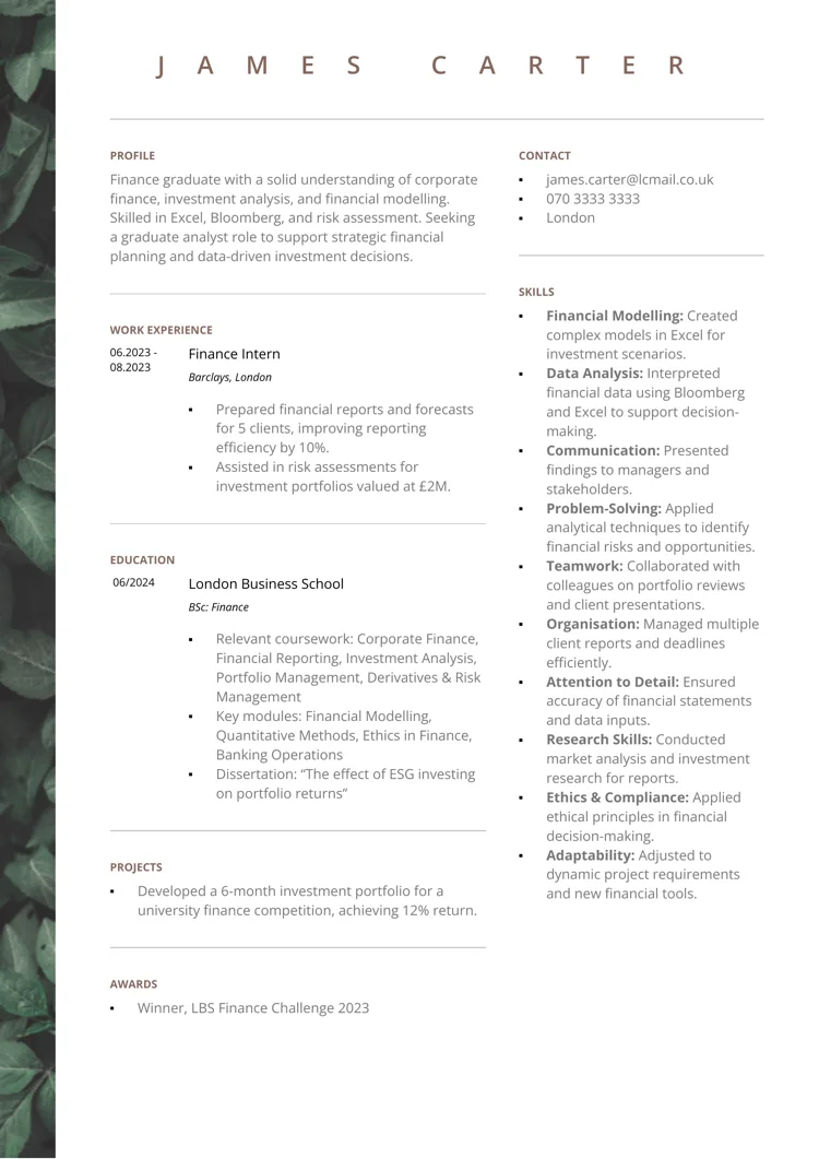 Finance graduate CV example from LiveCareer UK CV builder