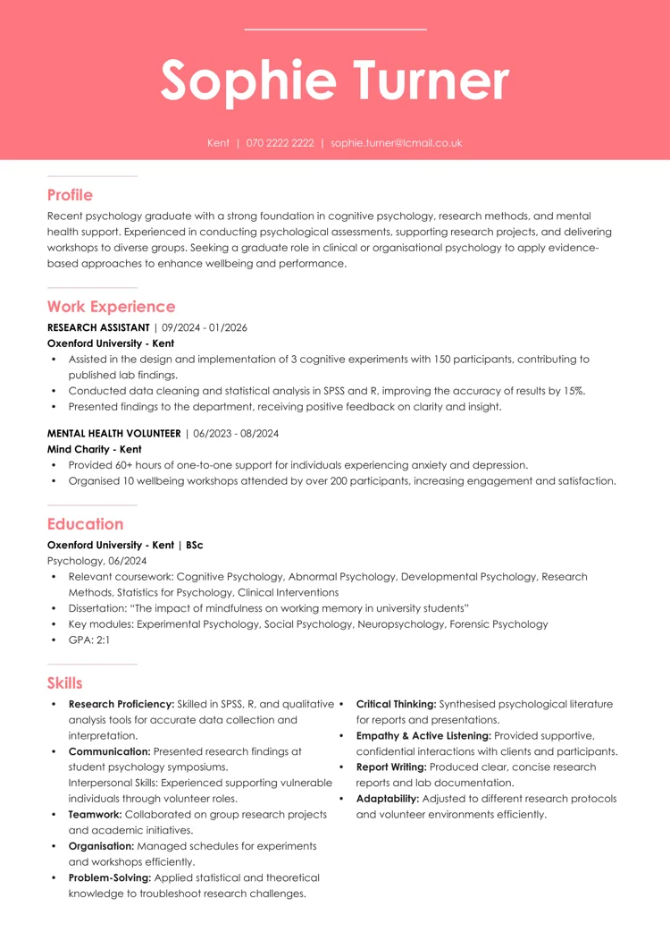 Psychology CV example from LiveCareer UK CV builder
