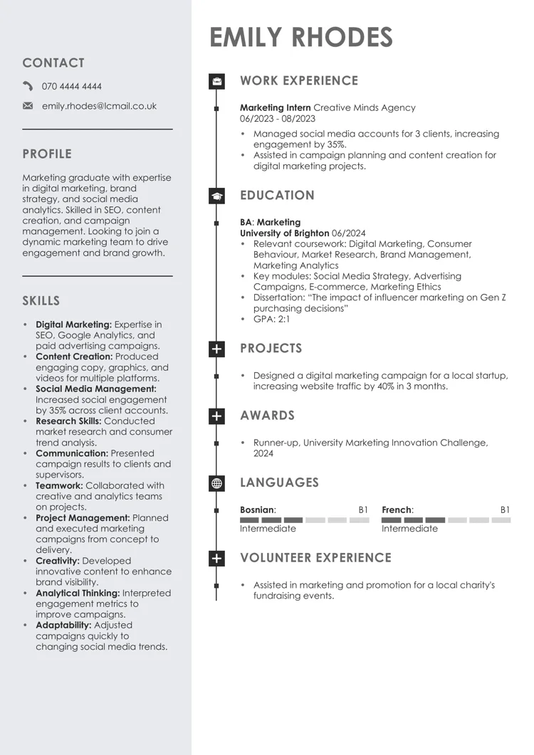 Marketing graduate CV example from LiveCareer UK CV builder