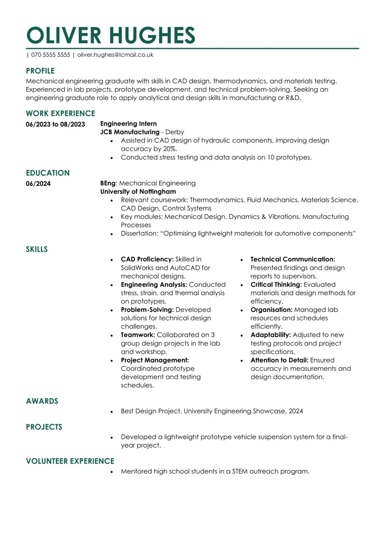 Engineering graduate CV example from LiveCareer UK CV builder