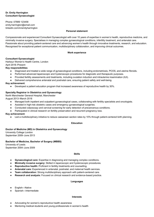 Gynaecologist CV example