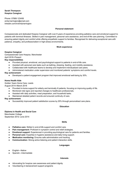 Hospice caregiver CV example