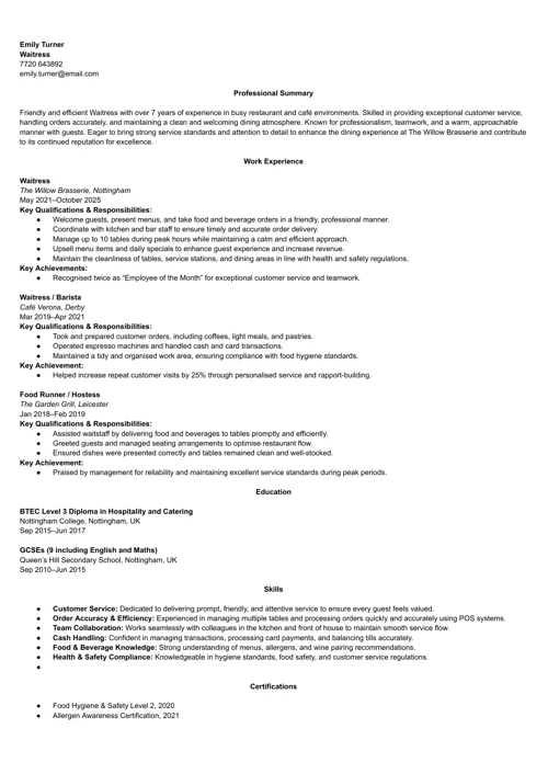 hospitality CV example