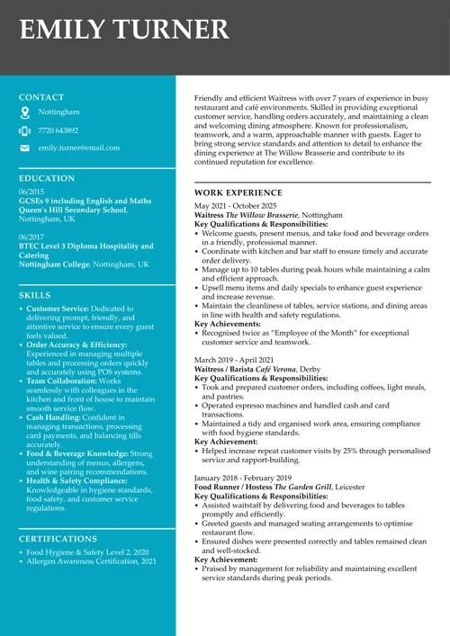 hospitality CV example